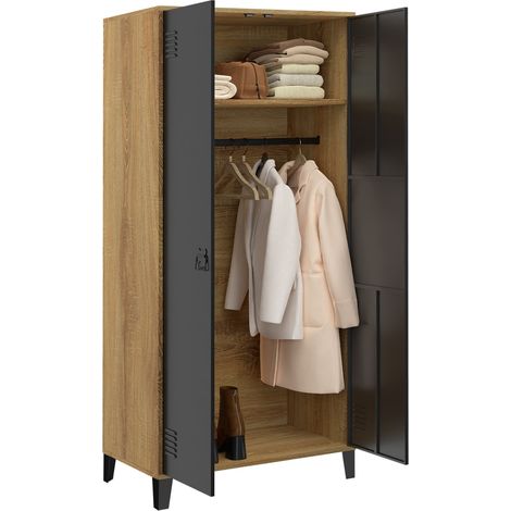 Idmarket – Armoire vestiaire penderie 2 portes métal noir – Contour bois – Longueur 76 cm – Hauteur 170 cm – Design industriel — photo 4