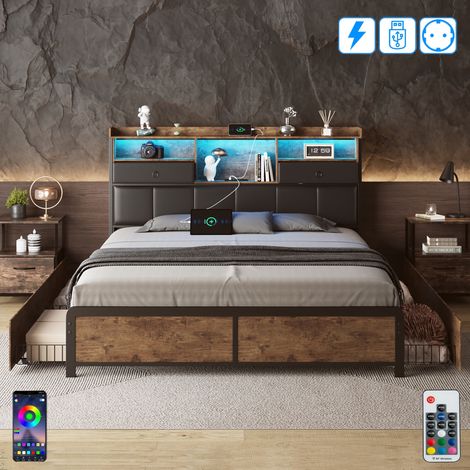 Dans Les Nuages – Lit double 140x200 cm avec 4 tiroirs – Tête de lit LED avec ports USB – Similicuir capitonné – Sommier à lattes en bois – Style industriel vintage — photo 1