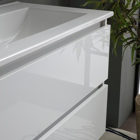 Kiamami Valentina – Meuble de salle de bain suspendu 120cm blanc brillant – Double lavabo en céramique – 2 tiroirs avec fermeture ralentie – Miroir 120x60 et 2 lampes — photo 5