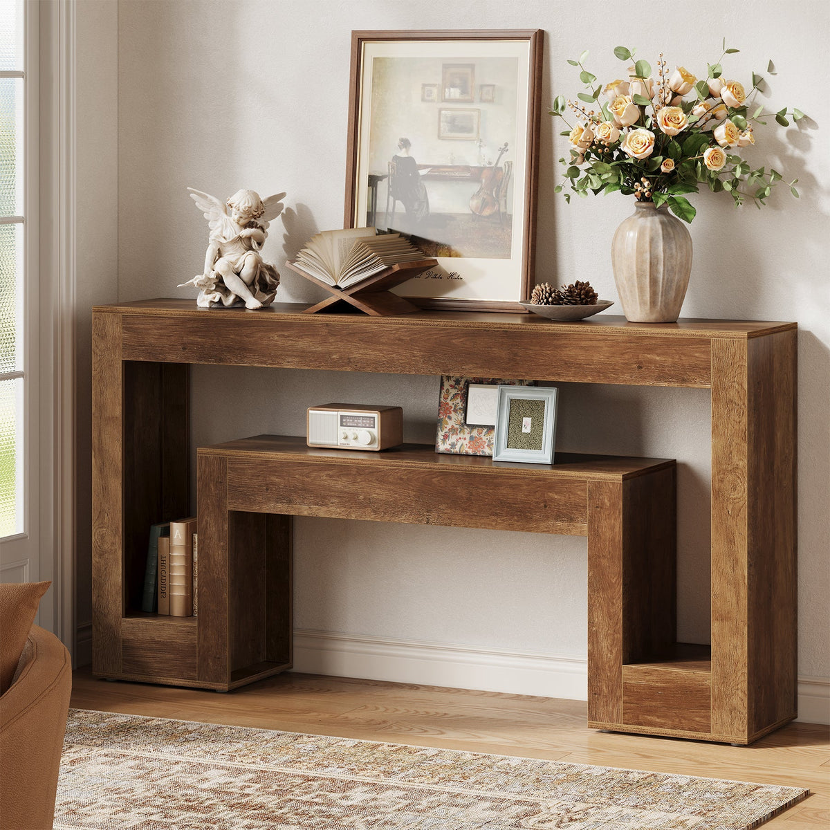 Tribesigns Console étroite de 160 cm, Table d'appoint rustique à 2 niveaux