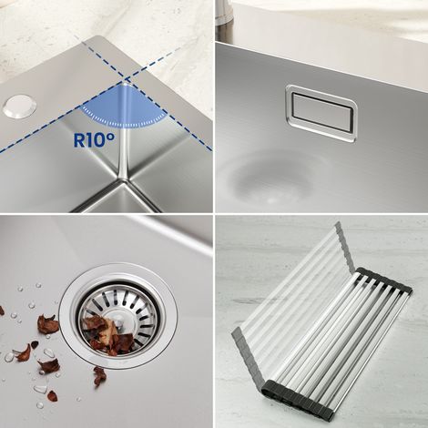 Évier Cuisine en Inox 75 x 45 x 19 CM Évier 1 Bac avec Égouttoir pliable et Système de Drainage, Évier à Encastrer pour Meuble de 80 cm — photo 4