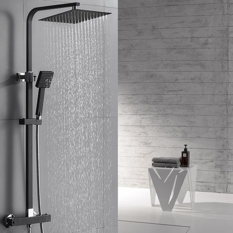 Auralum Élégant Colonne de Douche Thermostatique Noir Ensemble de Douche en Pluie Set de Douche pour Salle de Bain Colonne de Douche  Thermostat  avec Mitigeur Réglable en Hauteur — photo 1