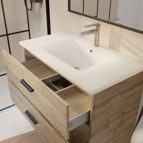 meuble de salle de bain 80 cm - chêne industriel - 3 tiroirs - vasque et miroir — photo 2