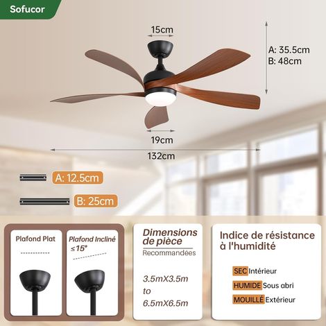 Ventilateur de plafond moderne Sofucor 132 cm, intérieur/extérieur, avec éclairage et télécommande, marron — photo 5
