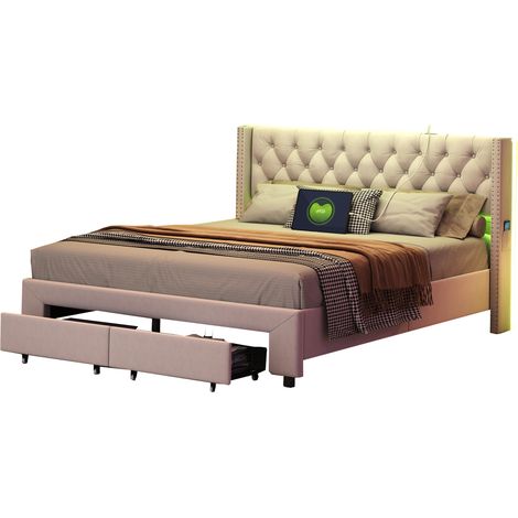 Lit 180x200 cm, 2 places, avec 2 tiroirs, LED, décoration par rivets, USB, poche latérale de rangement, sommier à lattes en bois, cadre en métal, lit capitonné en velours - Beige — photo 2