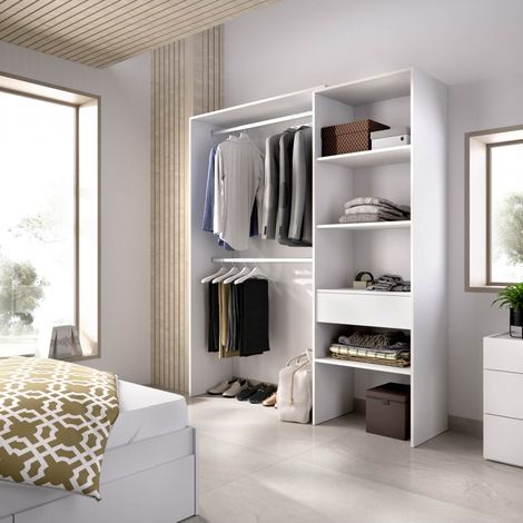 Befara – Dressing ouvert avec tiroir 160-110 cm – 3 étagères fixes 57 x 40 cm – Matériau mélamine haute résistance – Blanc — photo 2