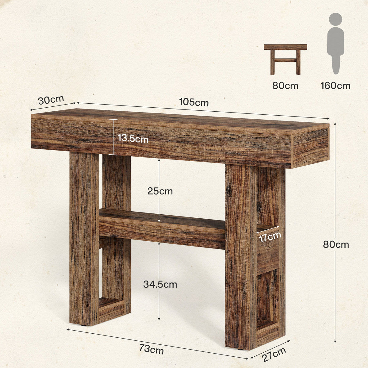 Tribesigns Farmhouse Table console étroite à 2 niveaux, Meuble d'entrée avec compartiments de rangement