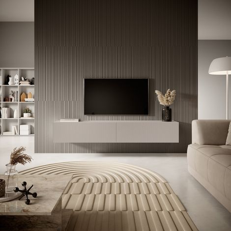Selsey – Meuble TV 175 cm gris-beige – Façade biseautée – Corps en panneau stratifié résistant – 2 armoires spacieuses pour rangement — photo 2