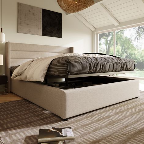 Lit coffre 160 x 200 cm,lit 160 x 200 avec sommier,lit double capitonné avec rangement,lit 2 personnes avec sommier à lattes en bois,lit double en lin beige — photo 1