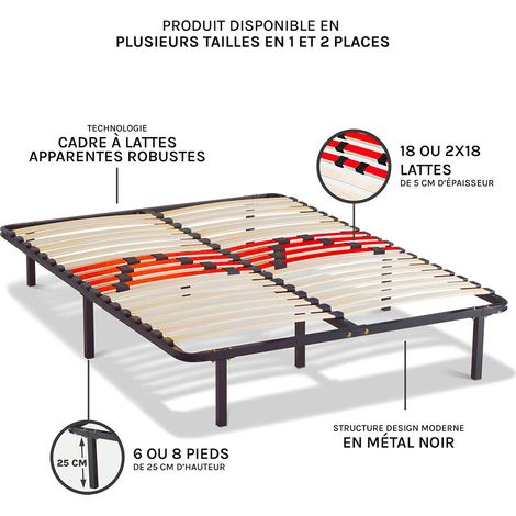 Cadre à lattes morphologique 180 x 200 cm – 25 cm de hauteur – 8 pieds en métal époxy – Ajustement de fermeté avec curseurs – Maison Aubertin — photo 1