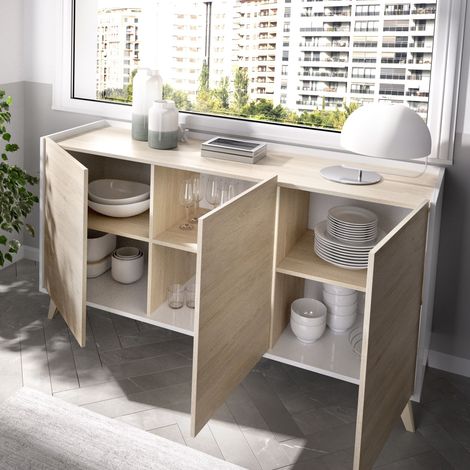 Abitare – Buffet 155 cm blanc mat et chêne naturel – 3 portes avec étagères internes – Design nordique pour rangement élégant — photo 2