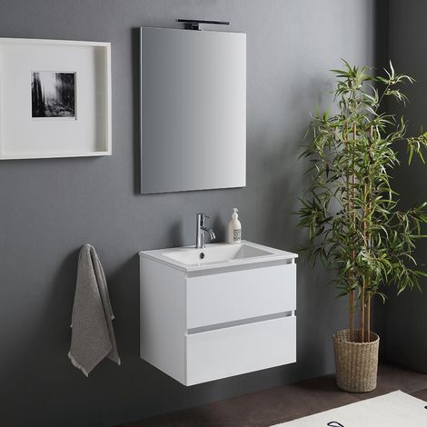 Kiamami Valentina – Meuble de salle de bain suspendu 60cm – Lavabo en céramique – 2 tiroirs avec fermeture ralentie – Finition blanc brillant — photo 1