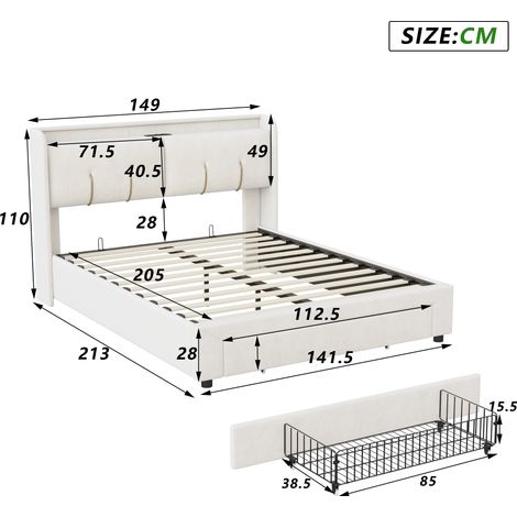 Tanant – Lit coffre 140x190 cm en tissu velours beige – Avec ports USB et Type-C – Tiroir de rangement – Tête de lit éclairée LED – Sommier à lattes — photo 4