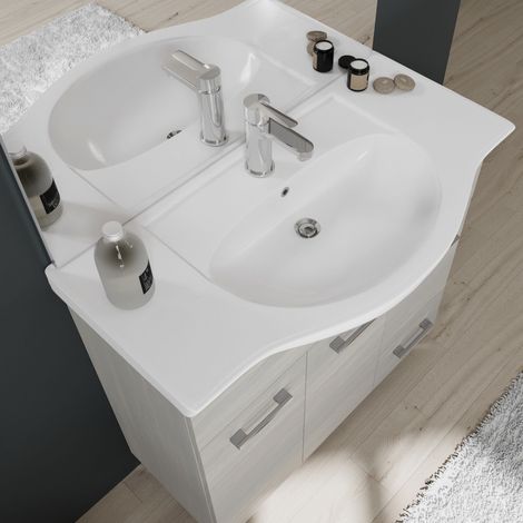 Kiamami Valentina – Meuble de salle de bains 85 cm – Lavabo céramique central – 3 portes et 1 tiroir – Finition chêne gris avec pieds chromés — photo 4