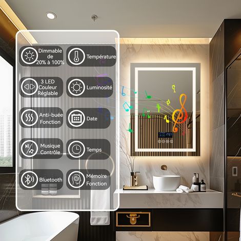 Luvodi – Miroir salle de bain LED Bluetooth 70×90 cm – Rectangulaire anti-buée – 3 couleurs de lumière – Affichage heure et température – IP56 — photo 4
