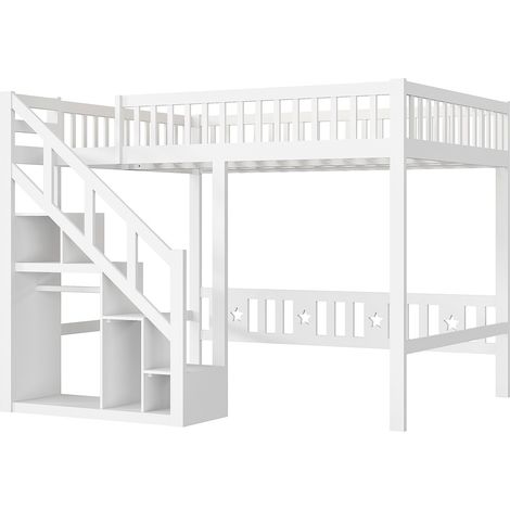 Lit mezzanine 140x200,lit mezzanine enfant avec escalier de rangement,penderie intégrée,étagère de rangement,barrière de lit antichute,lit en bois massif,blanc — photo 4