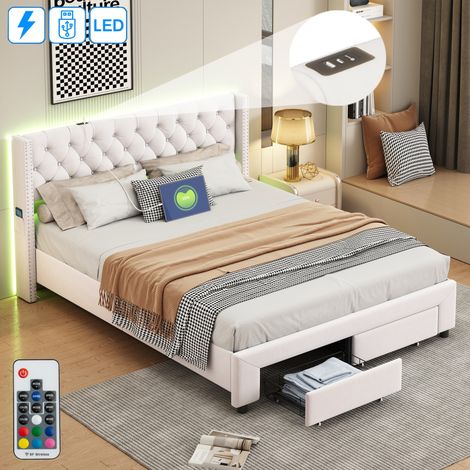 Lit 180x200 cm, 2 places, avec 2 tiroirs, LED, décoration par rivets, USB, poche latérale de rangement, sommier à lattes en bois, cadre en métal, lit capitonné en velours - Beige — photo 1