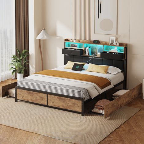 Dans Les Nuages – Lit double 140x200 cm avec 4 tiroirs – Tête de lit LED avec ports USB – Similicuir capitonné – Sommier à lattes en bois – Style industriel vintage — photo 3