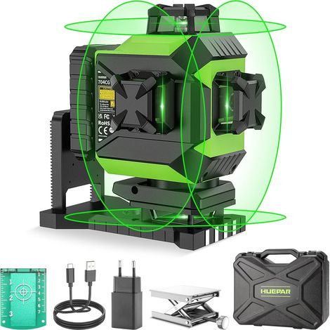 Huepar – Niveau laser 4D vert auto-nivelant 16 lignes – 2 plans horizontaux et verticaux – Batterie Li-ion 6600mAh – Support magnétique intégré – Étui de transport rigide — photo 1