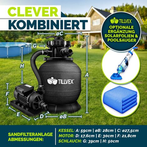 Tillvex – Filtre à sable 7900 l/h – Vanne 7 voies – Manomètre intégré – Capacité 10 kg – Adaptateur 32/38 mm – Corps métallique robuste — photo 2