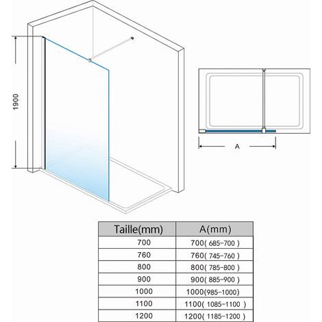 SIRHONA Paroi de douche à l’italienne en verre anticalcaire transparent 8mm avec barre de stabilisation 100 cm découpable 100 x 200 cm — photo 5