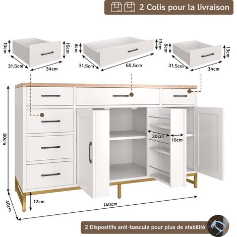 Buffet de Rangement Industriel Blanc – Meuble 140x40x80 cm avec 3 Portes, 6 Tiroirs et Étagères Réglables – Rangement Polyvalent pour Salon, Salle à Manger ou Bureau — photo 5