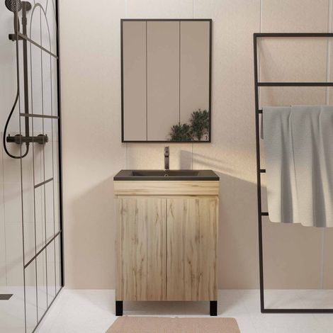 meuble salle de bains 60cm décor chene naturel 2 portes - vasque noire et miroir - timber — photo 1