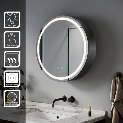 SIRHONA Armoire de toilette ronde à LED avec prise rasoir désembuage 3 modes d'éclairage 600x600mm Armoire murale de salle de bain — photo 1