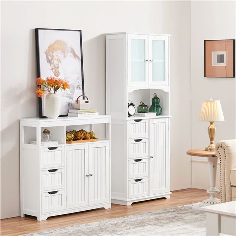 Yaheetech – Colonne de salle de bain avec 4 tiroirs – Placard 2 portes en verre trempé – Étagères réglables – MDF blanc 60 × 30 × 165,5 cm — photo 5