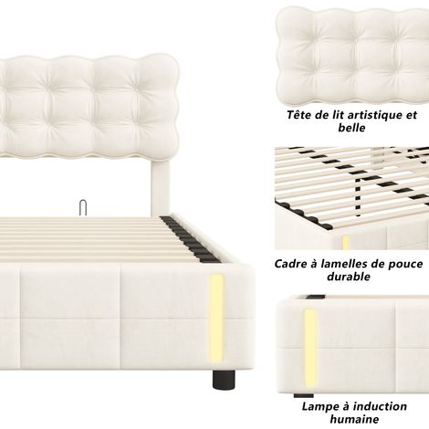 Sureh – Lit coffre 160x200 cm avec sommier à lattes en bois – Tête de lit capitonnée en velours beige – Mécanisme hydraulique avec éclairage LED — photo 3