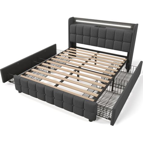 Lit double capitonné 160x200 cm, avec 4 tiroirs, éclairage LED, ports et prises USB, sommier à lattes, linge, lit queen size - Gris — photo 3