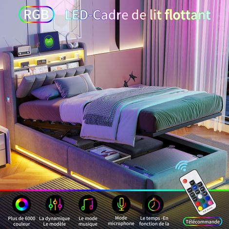 Dans Les Nuages – Lit coffre 90x190 cm avec éclairage LED – Tête de lit de rangement – Étagères intégrées – Sommier à lattes en bois – Velours gris — photo 3