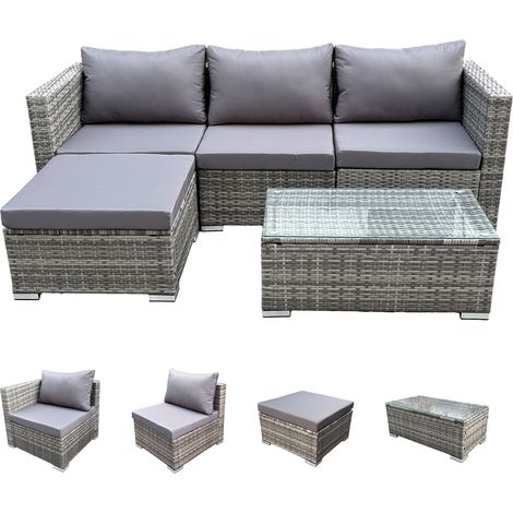 Svita – Ensemble de salon de jardin 5 pièces en polyrotin gris – 2 éléments d'angle et 1 central – Table basse avec plateau en verre – Coussins confortables 8 cm — photo 4
