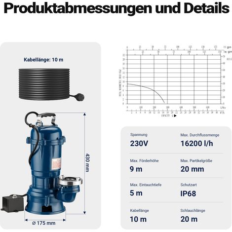 Wiltec Pompe électrique pour eaux sales – Submersible – 550 W / 16200 l/h – Refoulement max. 8 m – avec Tuyau 20 m – Pompe-cave pour Arrosage Irrigation Jardinage Évacuation Drainage — photo 3