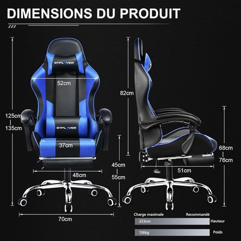 Chaise Gaming Ergonomique, Fauteuil Gamer, Chaise Bureau, Chaise de Gaming avec Dossier réglable à 135°, Hauteur Réglablerepose-Pieds rétractables, Siege, Simili Cuir Bleu — photo 2