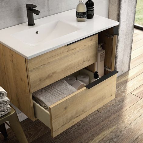 Meuble de salle de bain 80cm vasque déportée - 2 tiroirs - sans miroir - roble (chêne clair) - KING — photo 2