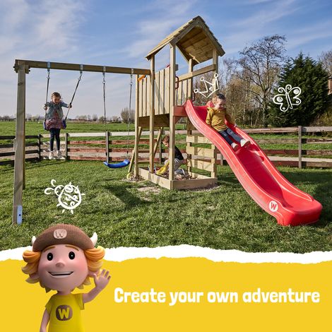 Aire de jeux WICKEY MultiFlyer - Toit en bois - Balançoire - Toboggan - Maison enfant extérieur - Bac à sable - Échelle d'escalade - Accessoires de jeux - Bleu