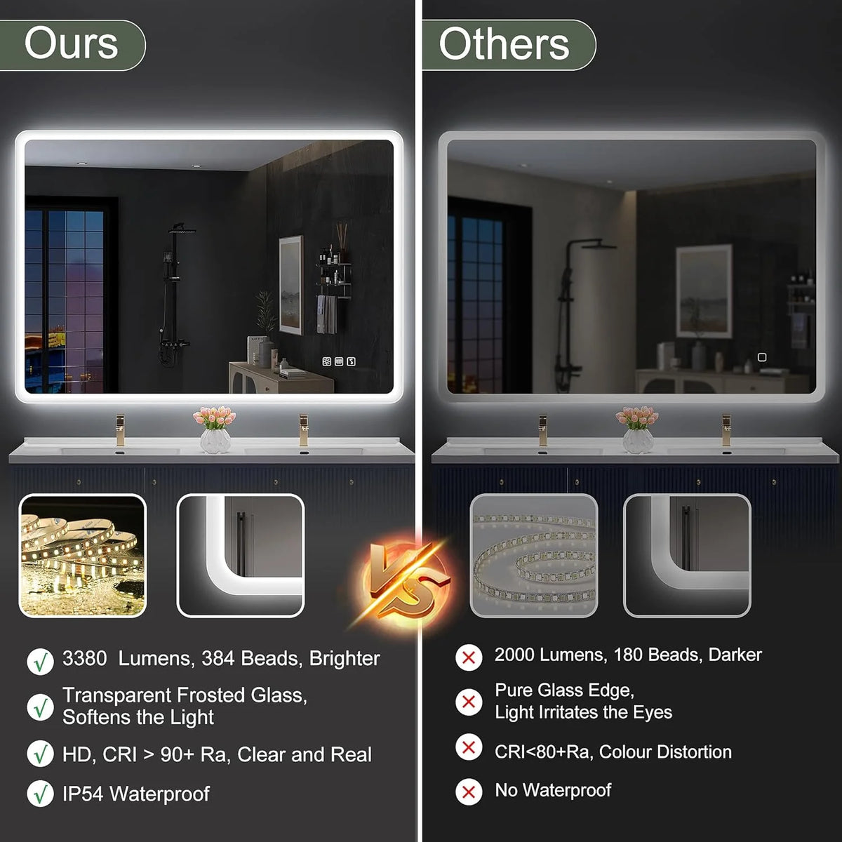 2026 Miroir de salle de bain S'bagno avec éclairage 1200 x 700 mm, IP44, LED, Bluetooth, antibuée, 3 couleurs de lumière (3 0