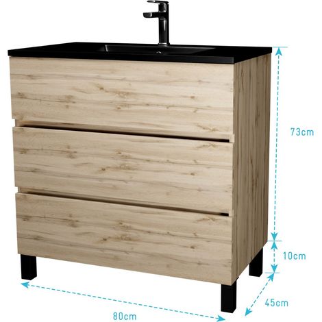 meuble de salle de bains 80 cm 3 tiroirs chêne naturel + vasque céramique noire - timber — photo 5