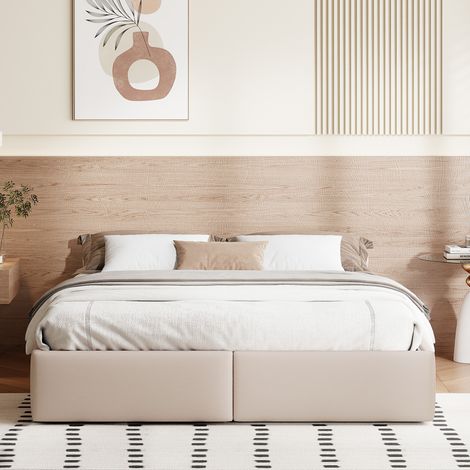 Lit coffre 160x200 cm, avec hydraulique de rangement, 2 tiroirs, sommier à lattes en bois, cadre en métal, lit capitonné en lin - Beige — photo 2