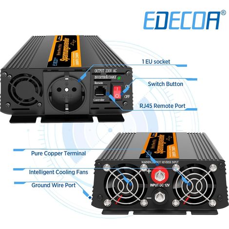 Edecoa – Convertisseur de tension 12V 1000W – Onduleur sinusoïdal pur avec télécommande – 2 ports USB 5V 2.1A – Protection survoltage et surchauffe — photo 4