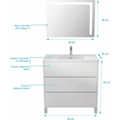 ensemble meuble de salle de bain blanc 80 cm sur pied 3 tiroirs + vasque ceramique blanche + miroir — photo 4