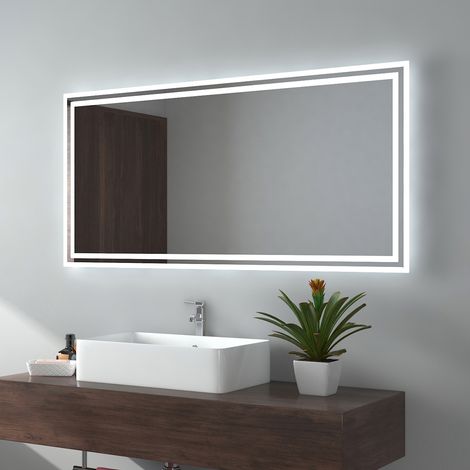 EMKE Miroir de salle de bain 120x60cm, Miroir LED avec Interrupteur à bouton, Anti-buée, Miroir avec éclairage lumière Blanche Froide/Chaude — photo 1