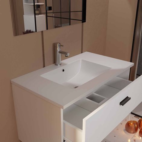 meuble salle de bains 80 cm 2 tiroirs blanc avec vasque blanche, miroir et applique led - box led — photo 2