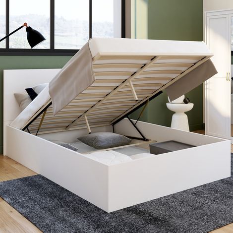 Idmarket – Lit coffre double SEASIDE 140 x 190 cm – Tête de lit – Sommier 24 lattes en bois – Coffre de rangement avec vérins de levage — photo 2