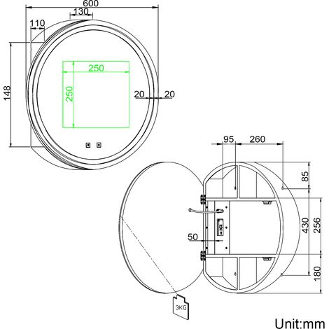 SIRHONA Armoire de toilette ronde à LED avec prise rasoir désembuage 3 modes d'éclairage 600x600mm Miroir lumineux de salle de bain — photo 5