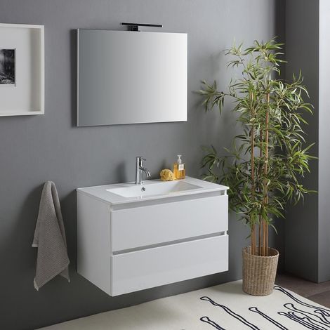 Kiamami Valentina – Meuble de salle de bain suspendu blanc brillant 80cm – 2 tiroirs avec fermeture soft-close – Lavabo en céramique – Miroir 80x60 avec lampe — photo 1