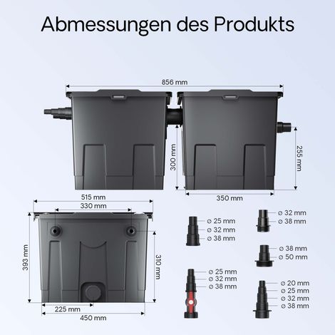SunSun CBF-350B Filtre Biologique de Bassin ou d’étang 2 chambres - 830 x 515 x 395 mm - capacité max 60000 l / débit 8000 l/h - raccords Ø 20 mm, Ø 40 mm - Filtration eau à grand débit — photo 3
