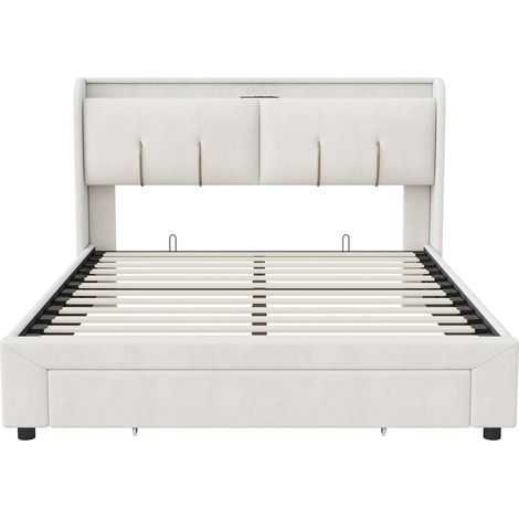 Tanant – Lit coffre 140x190 cm en tissu velours beige – Avec ports USB et Type-C – Tiroir de rangement – Tête de lit éclairée LED – Sommier à lattes — photo 5