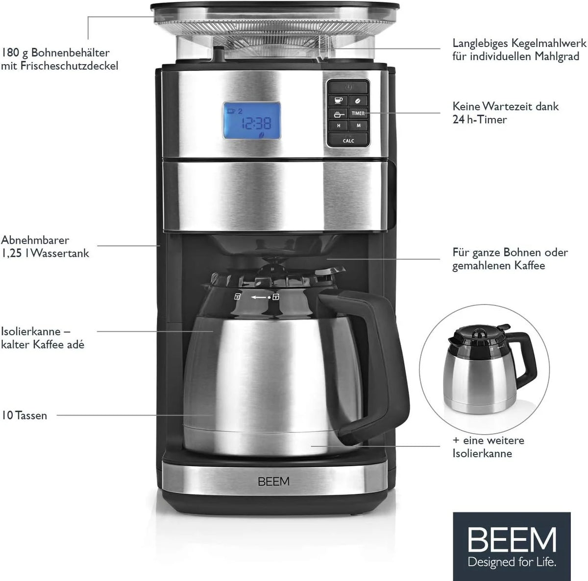 2026 BEEM FRESH-AROMA-PERFECT II Filterkaffeemaschine mit Mahlwerk - Thermo | Edelstahl | Thermokanne | 24h-Timer | 1000 W |